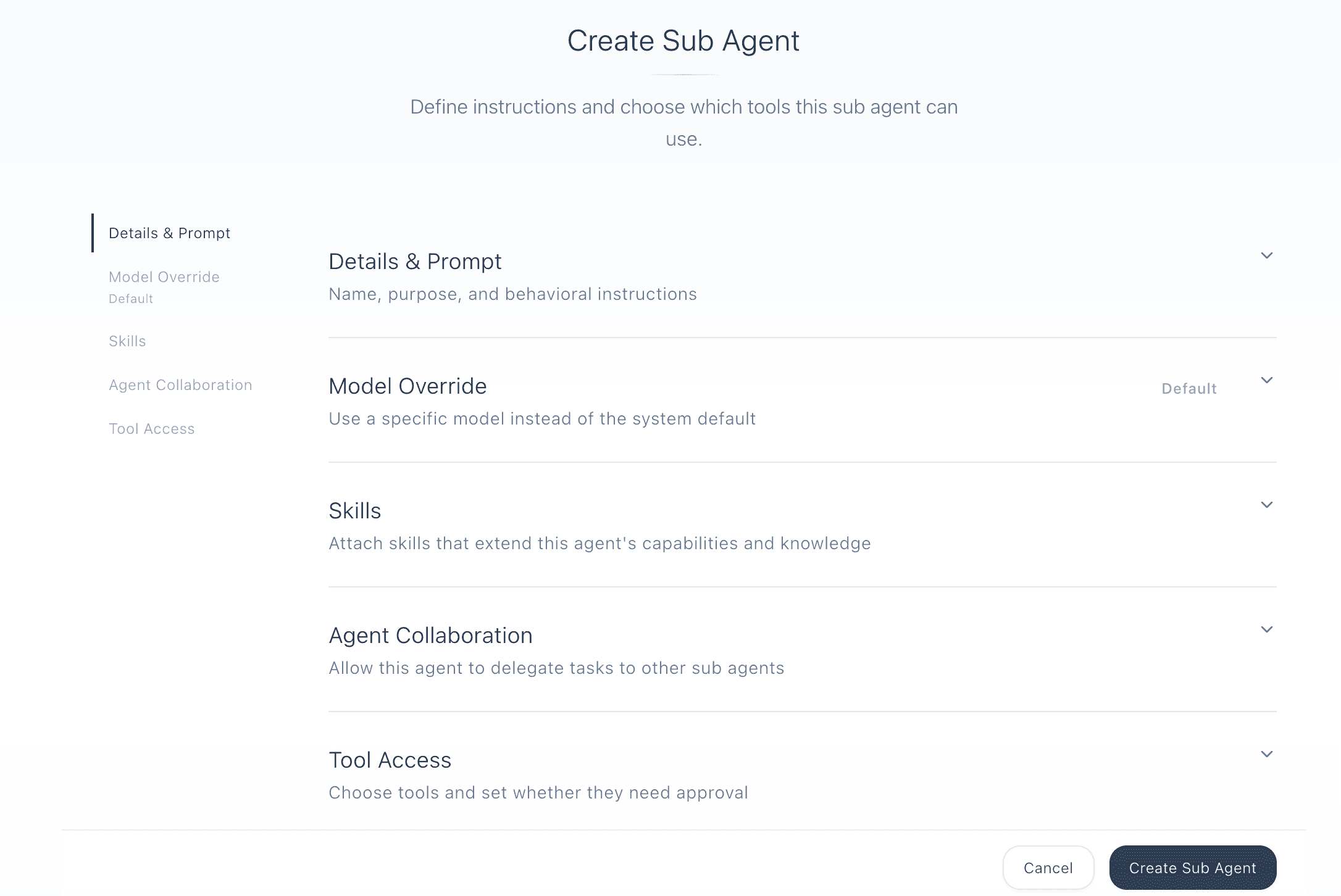 Praxis create sub agent screen with details, model override, skills, collaboration, and tool access options.